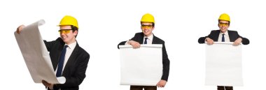 Beyaz üzerine çizimler yapan komik bir mimar.