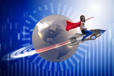 Süper kahraman kavramında küçük bir kız roket uçuruyor.