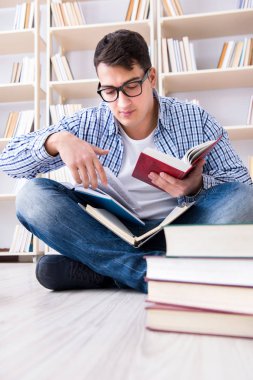 Genç öğrenci kitaplarla çalışıyor.