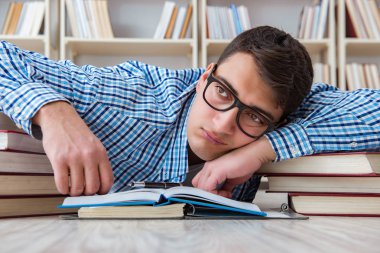 Genç öğrenci kitaplarla çalışıyor.