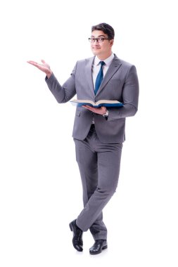 Beyaz arka planda izole edilmiş bir kitap okuyan işadamı öğrencisi