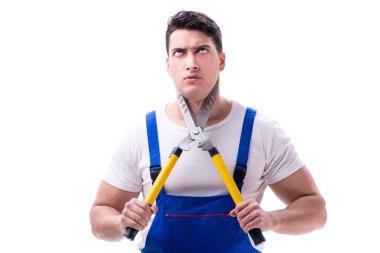 Adam bahçıvan beyaz zemin üzerine Bahçe makası ile izole