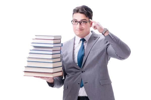Zakenman student dragen bedrijf stapel boeken geïsoleerd op w — Stockfoto