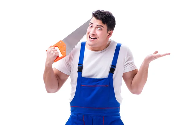 Homem reparador com serra de mão no fundo branco isolado — Fotografia de Stock