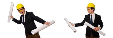 Beyaz üzerine çizimler yapan komik bir mimar.