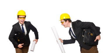 Beyaz üzerine çizimler yapan komik bir mimar.