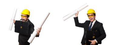 Beyaz üzerine çizimler yapan komik bir mimar.