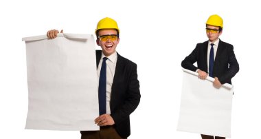 Beyaz üzerine çizimler yapan komik bir mimar.