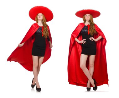 Kırmızı elbiseli Meksikalı kadın beyaz üzerine