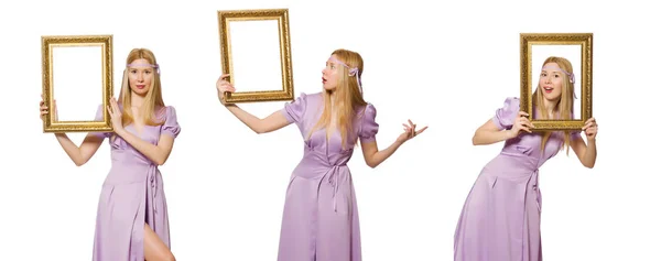 Woman with picture frame on white — Stock Photo, Image