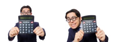 Komik adam beyaz izole hesap makinesi ile