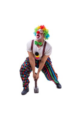 Beyaz arka planda çekici olan komik bir palyaço.