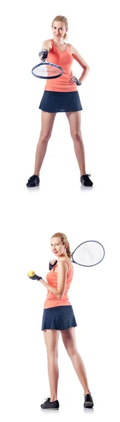 Jonge vrouw spelen tennis geïsoleerd op wit — Stockfoto