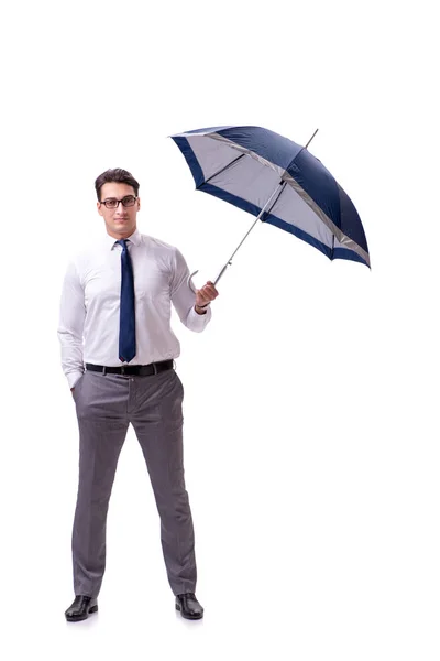 Young businessman with umbrella isolated on white — Stock Photo, Image