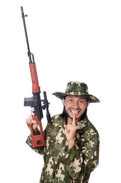Soldat med vapen isolerad på vit — Stockfoto