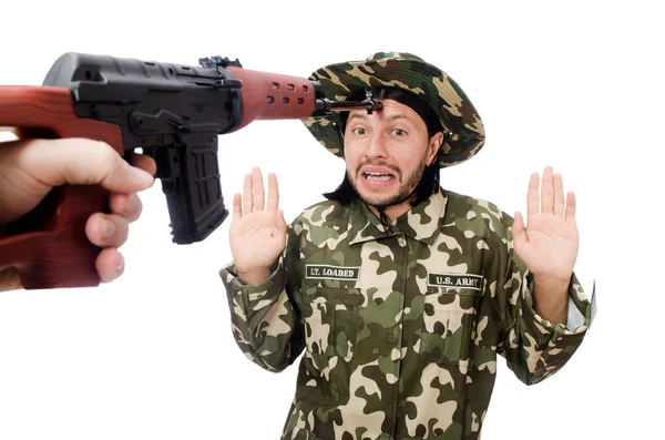 Soldado com armas isoladas em branco — Fotografia de Stock