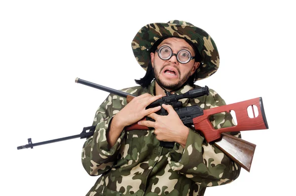 Soldado com armas isoladas em branco — Fotografia de Stock