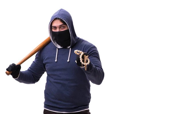 Young man hooligan with baseball bat isolated on white — Stock Photo, Image