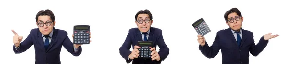 Смешной человек с калькулятором изолирован на белом — стоковое фото