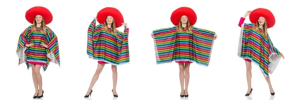 Mooi meisje in Mexicaanse poncho geïsoleerd op wit — Stockfoto