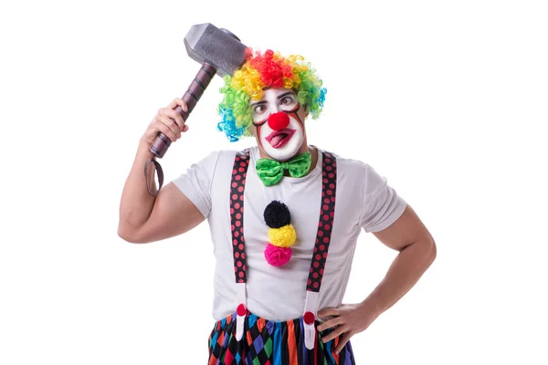 Drôle de clown avec un marteau isolé sur fond blanc — Photo