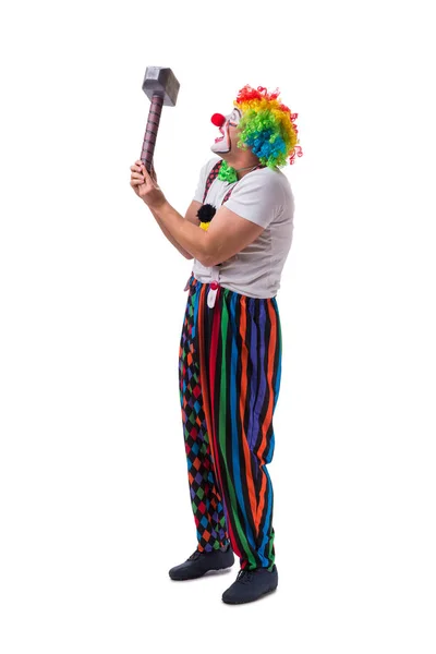 Смешной клоун с молотком на белом фоне — стоковое фото