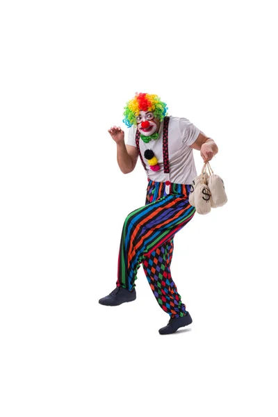 Rolig clown med pengar påsar säckar isolerade på vit bakgrund — Stockfoto
