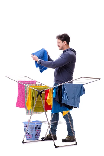Marido homem fazendo lavanderia isolada no branco — Fotografia de Stock