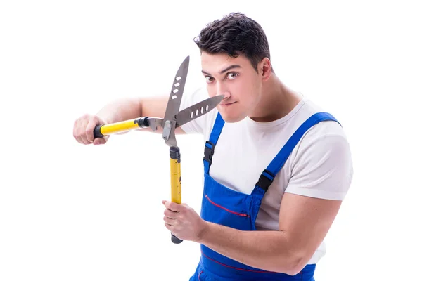 Hombre jardinero con tijeras de jardinería sobre fondo blanco aislado — Foto de Stock