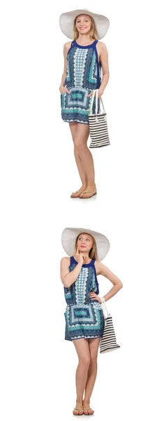 Collage of woman with panama hat isolated on white — Stock Photo, Image