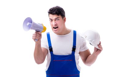 Tamirci megafon ile ve bir kazma axe beyaz arka plan üzerinde ben