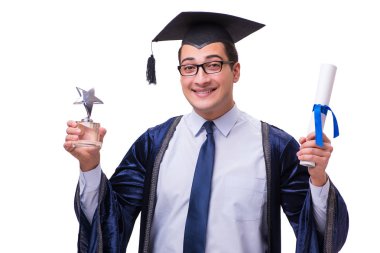 Mezun olan genç bir öğrenci beyazlar içinde.