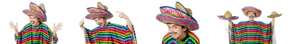 Grappige jonge Mexicaanse met valse snor geïsoleerd op wit — Stockfoto