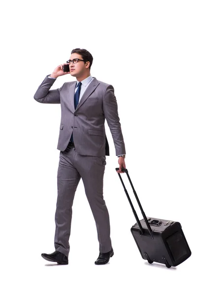 Fiatal férfi elszigetelt fehér üzleti utazás során — Stock Fotó