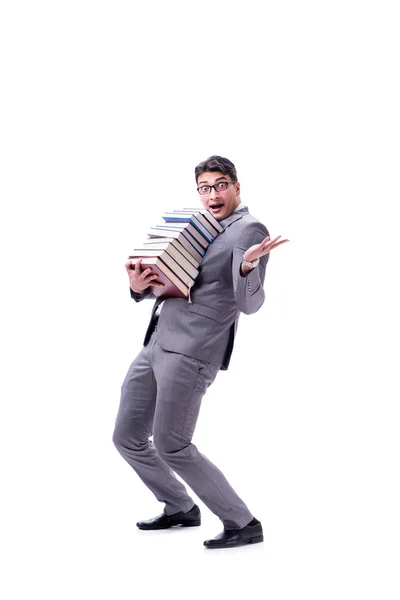 Бизнесмен студент проведение холдинг кучу книг изолированы на ж — стоковое фото