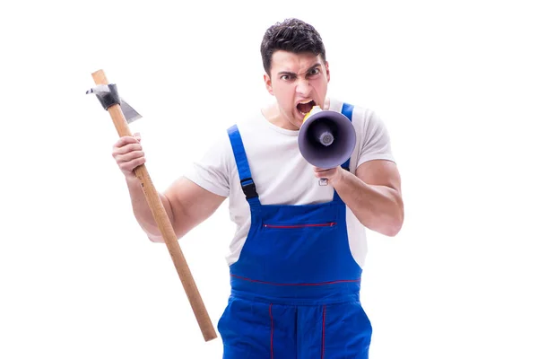 Reparador con megáfono y hacha de excavación sobre fondo blanco i — Foto de Stock