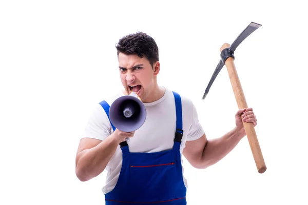 Reparador con megáfono y hacha de excavación sobre fondo blanco i — Foto de Stock