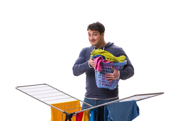 Husband man doing laundry isolated on white — Stock Photo, Image