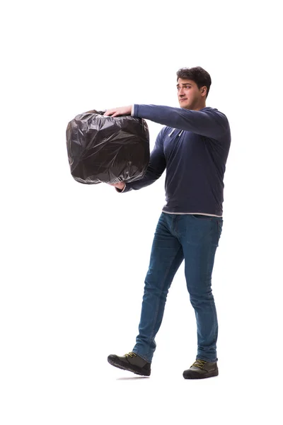 Человек с мешком для мусора изолирован на белом — стоковое фото