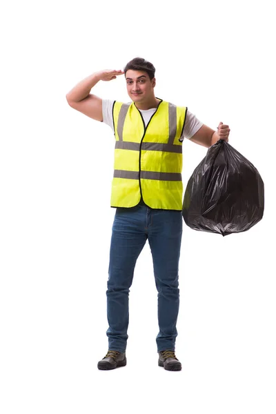 Man met vuilniszak geïsoleerd op wit — Stockfoto