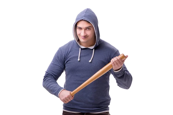 Young man hooligan with baseball bat isolated on white — Stock Photo, Image