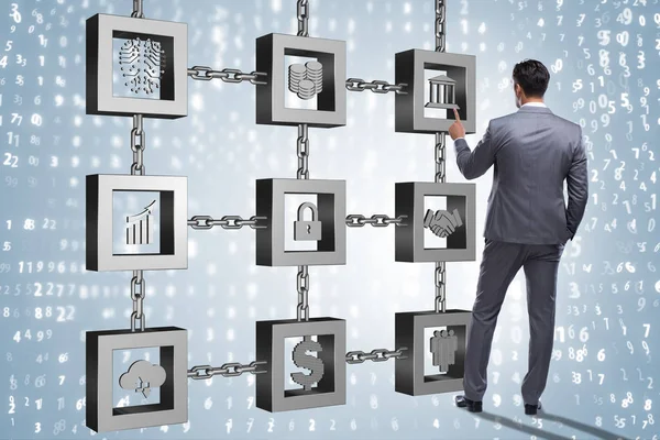 Engelleme zinciri kripto para birimi kavramında iş adamı