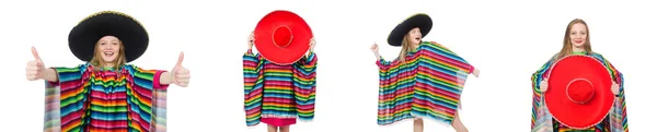 Menina bonita no poncho mexicano isolado no branco — Fotografia de Stock