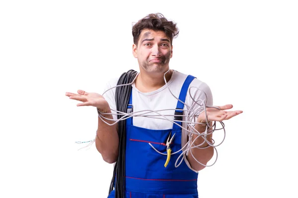 Engraçado homem fazendo reparação elétrica — Fotografia de Stock
