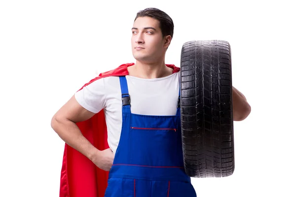 Superhero man with tyre isolated white background — Stock Photo, Image