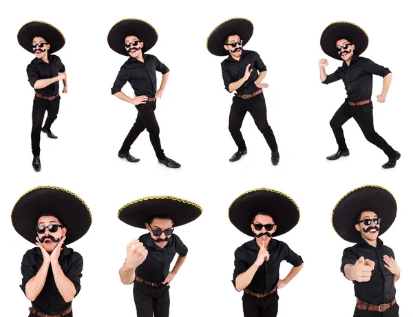 Funny man wearing mexican sombrero hat isolated on white — Stock Photo, Image