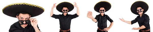 Funny man wearing mexican sombrero hat isolated on white — Stock Photo, Image