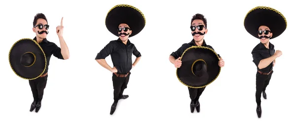 Αστείος άνθρωπος φορώντας μεξικάνικο καπέλο σομπρέρο απομονωμένο σε λευκό — Φωτογραφία Αρχείου