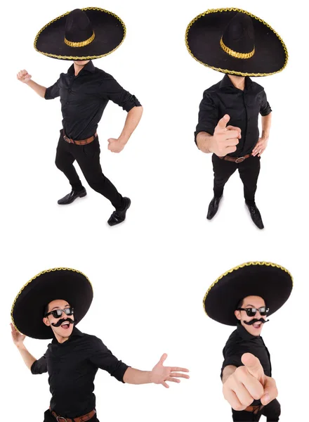 Hombre divertido con sombrero mexicano sombrero aislado en blanco —  Fotos de Stock