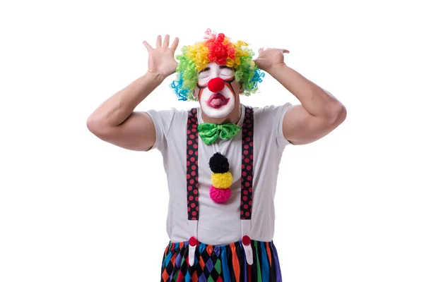 Drôle clown agissant stupide isolé sur fond blanc — Photo